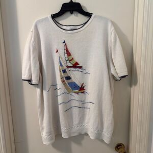 Alfred-dunner Women's White and Cream Short Sleeve Sailing Nautical Sweater 2X